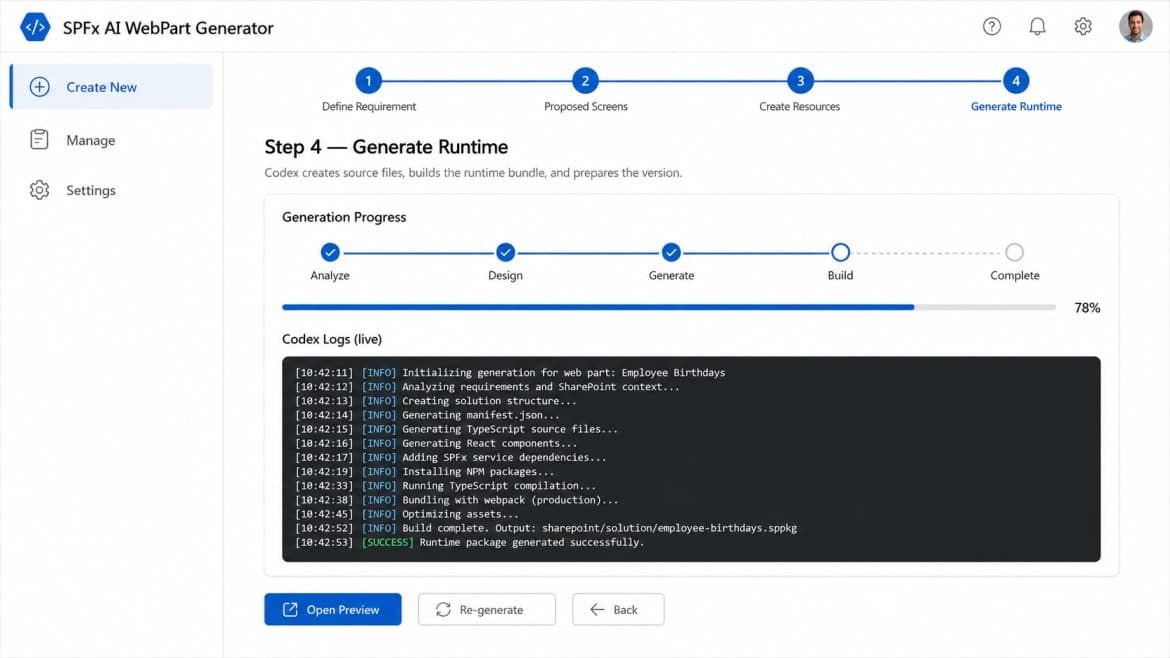 Generation step with progress tracker and build logs for the finished SPFx web part.
