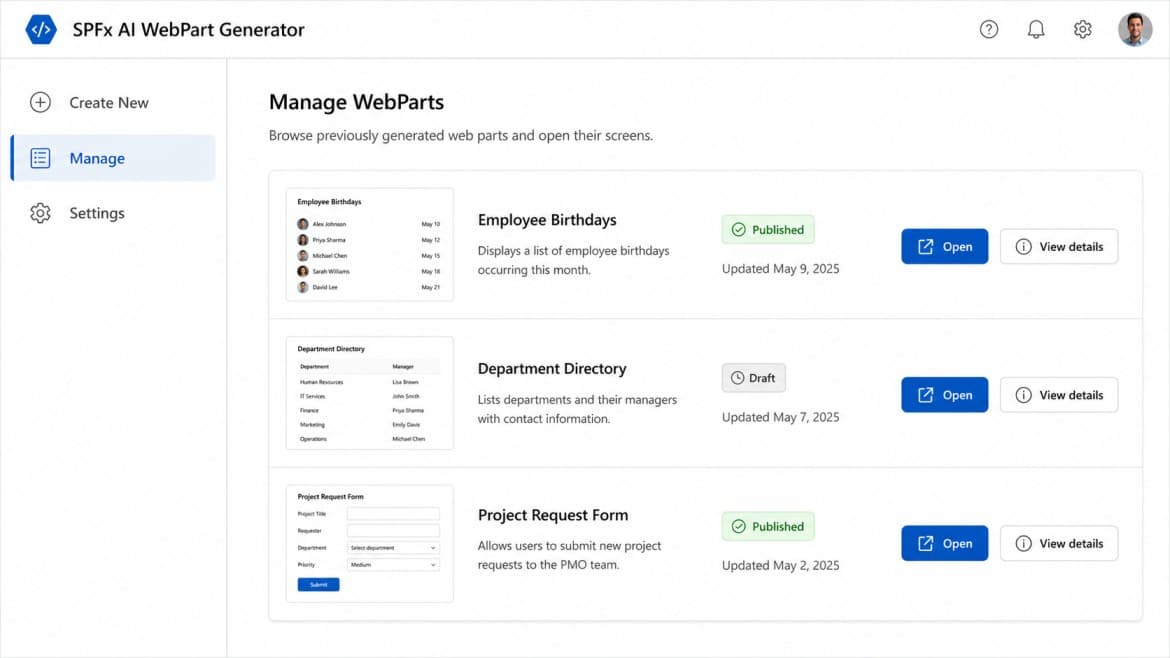 Management screen listing generated web parts with preview thumbnails, status badges, and actions.